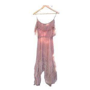 LOVE Sam MIDI DRESS PALE PINK  Dot Floral Asymmetrical Ruffle Hem Semi Sheer